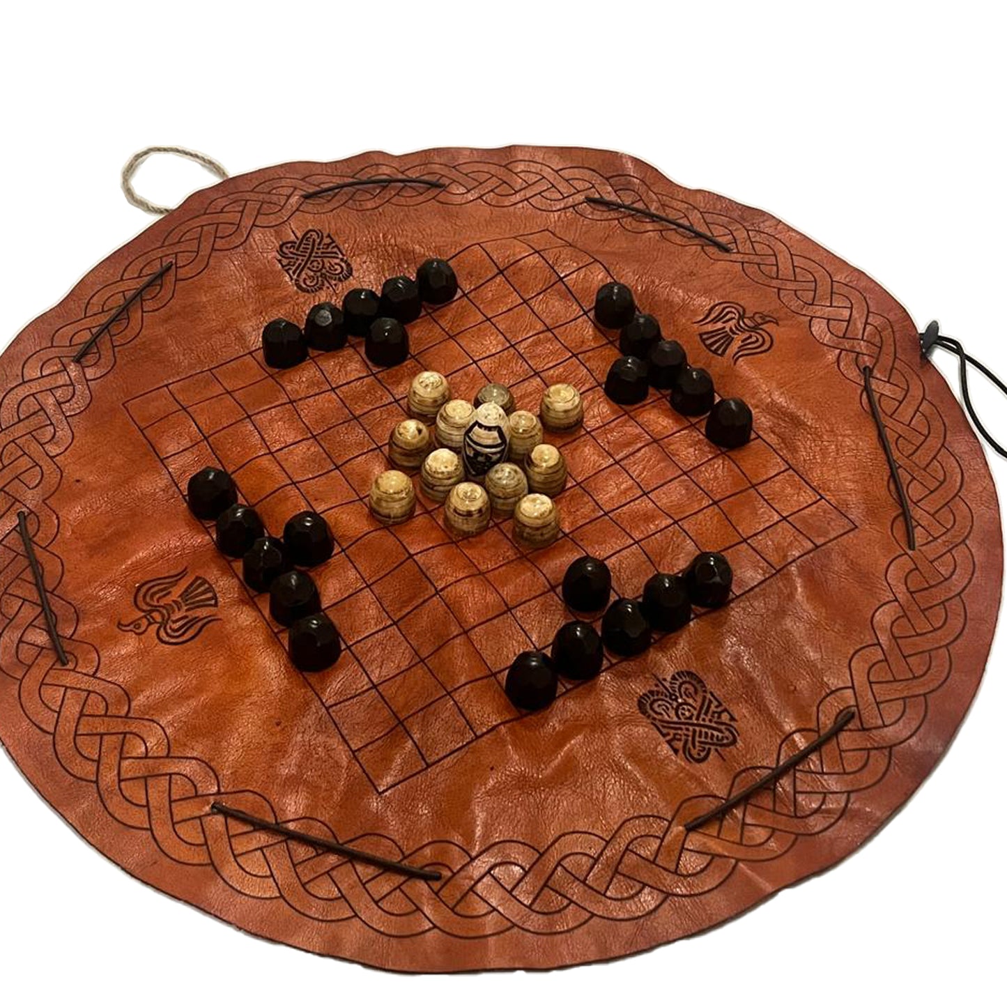 Handcrafted Viking Hnefatafl Set β Bone & Horn Game Pieces, Leather Board