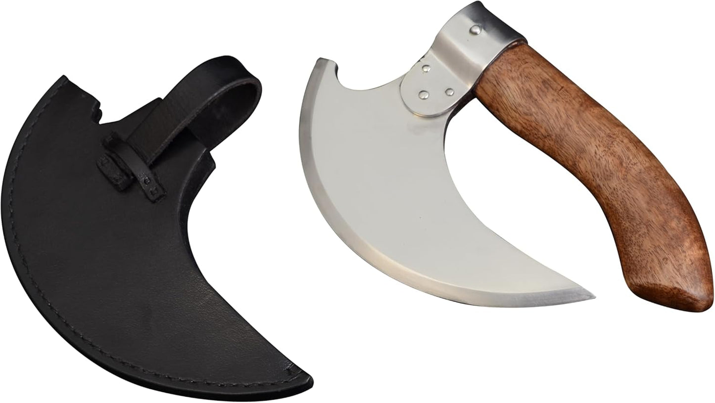 A Pizza Axe with a stainless steel blade and a polished handle is displayed next to its brown scabbard.