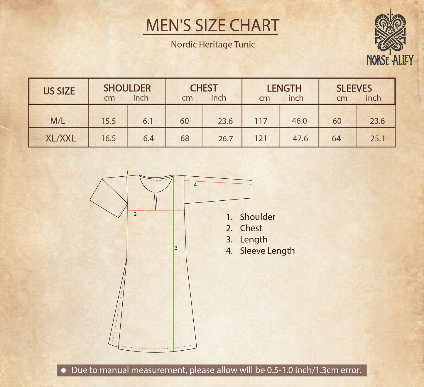 The Nordic/Viking Heritage Tunic – Men's size chart shows shoulder, chest, length, and sleeve measurements for M/L and XL/XXL in cm/in; includes a labeled diagram and Norse Alley logo—perfect for Renaissance or Viking costumes.