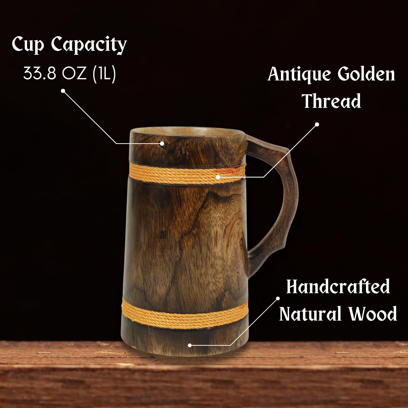 The Wooden Beer Mug with Antique Golden Thread features natural wood craftsmanship, a handle, and gold thread accents. With a 33.8 oz (1L) capacity, it’s perfect for Norse décor enthusiasts seeking unique handcrafted style.
