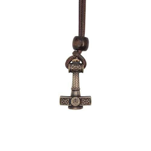 The Norse Alley Thor’s Hammer Pendant, featuring intricate Norse designs on bronze, hangs from a brown cord with a wooden bead above the pendant, creating a striking Viking necklace inspired by Norse mythology against a white background.