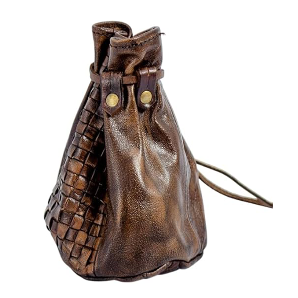 The Woven Leather Coin Pouch is a brown leather medieval drawstring pouch with a woven side pattern, smooth leather on the other, and brass rivets near the top—making it an ideal LARP accessory.