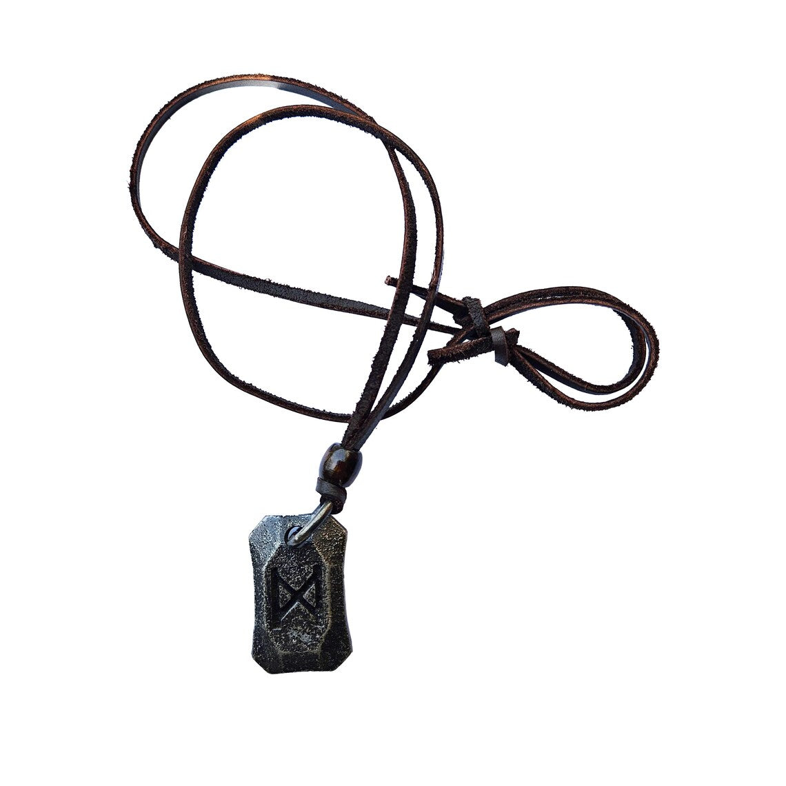 The Viking Rune Pendant Dagaz is a black adjustable leather cord Norse necklace with a rectangular metallic pendant engraved with an angular rune, shown on a white background.