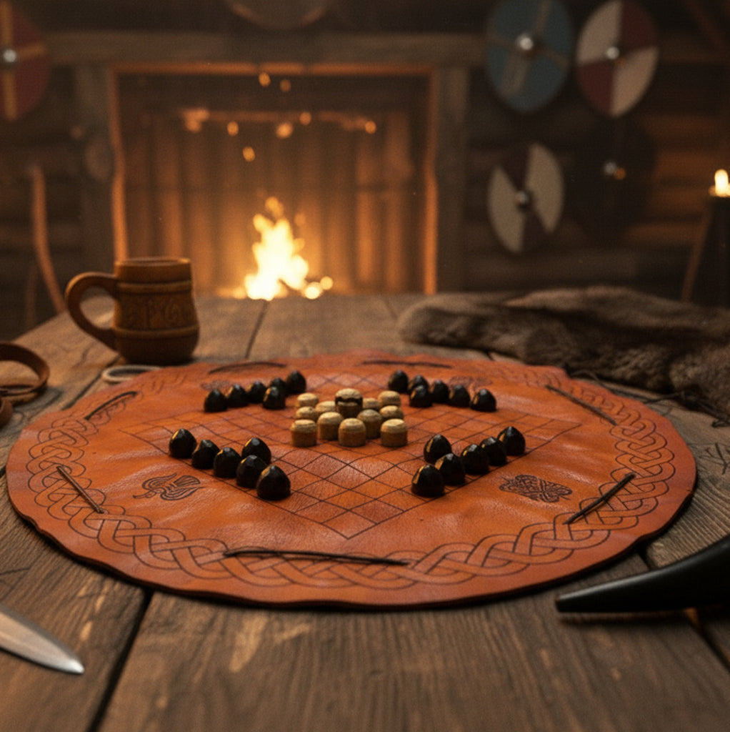 A Handcrafted Viking Hnefatafl Set with hand-carved black and white bone and horn pieces sits on a wooden table by the fire, surrounded by shields on a log wall, with a carved mug and knife nearby.