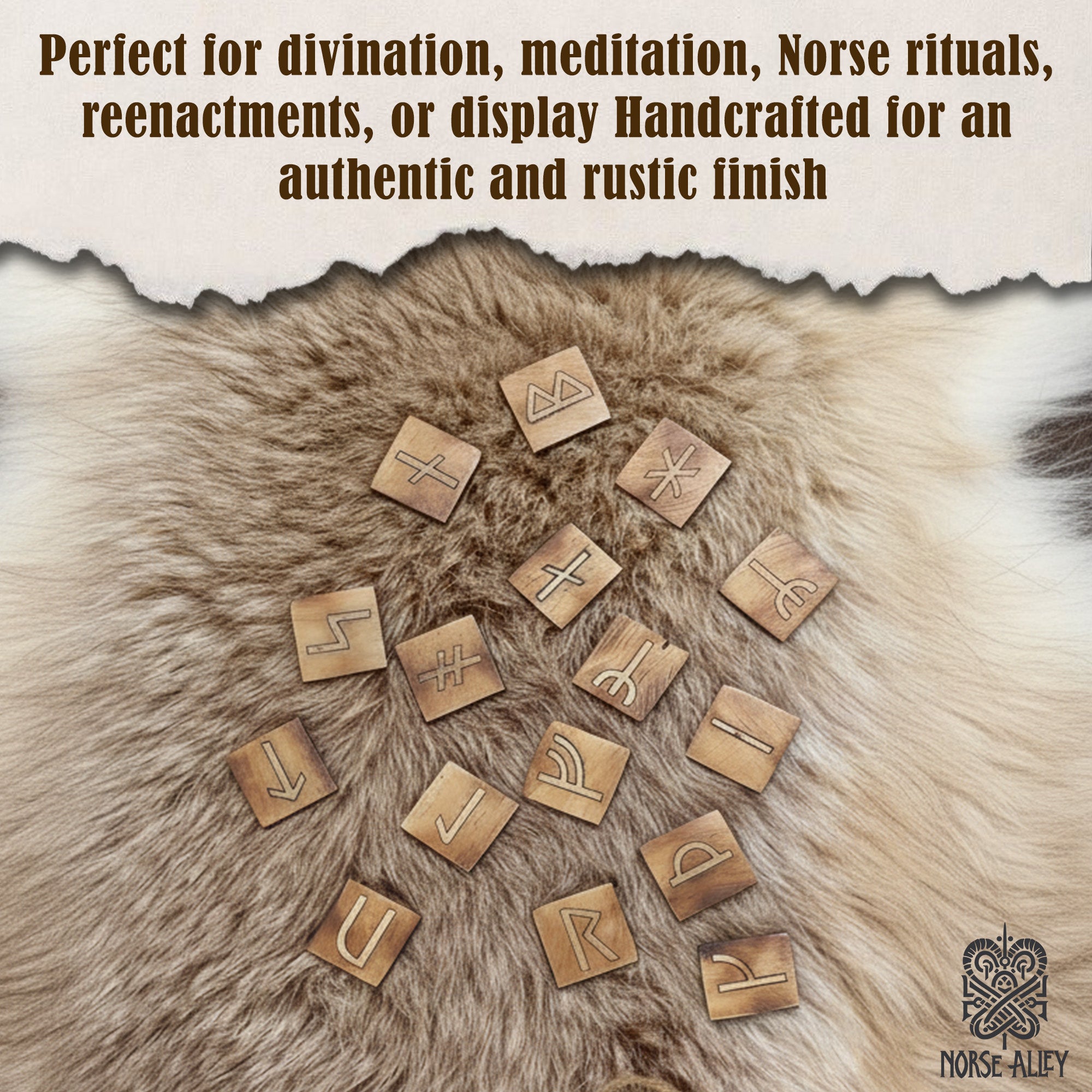 The Younger Futhark Rune Set – 16 Handcrafted Tiles, each engraved with Norse symbols, is displayed on a furry pelt. Top text explains uses for divination, meditation, rituals, and display; a Norse-inspired logo appears at bottom right.