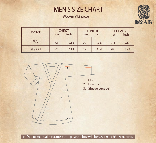 Viking Wool Coat- Men's size chart includes chest, length, and sleeve measurements in cm/inches for M/L and XL/XXL. Features Norse klappenrock line drawing with numbered points and Norse Alley logo. Ideal for Viking clothing enthusiasts.