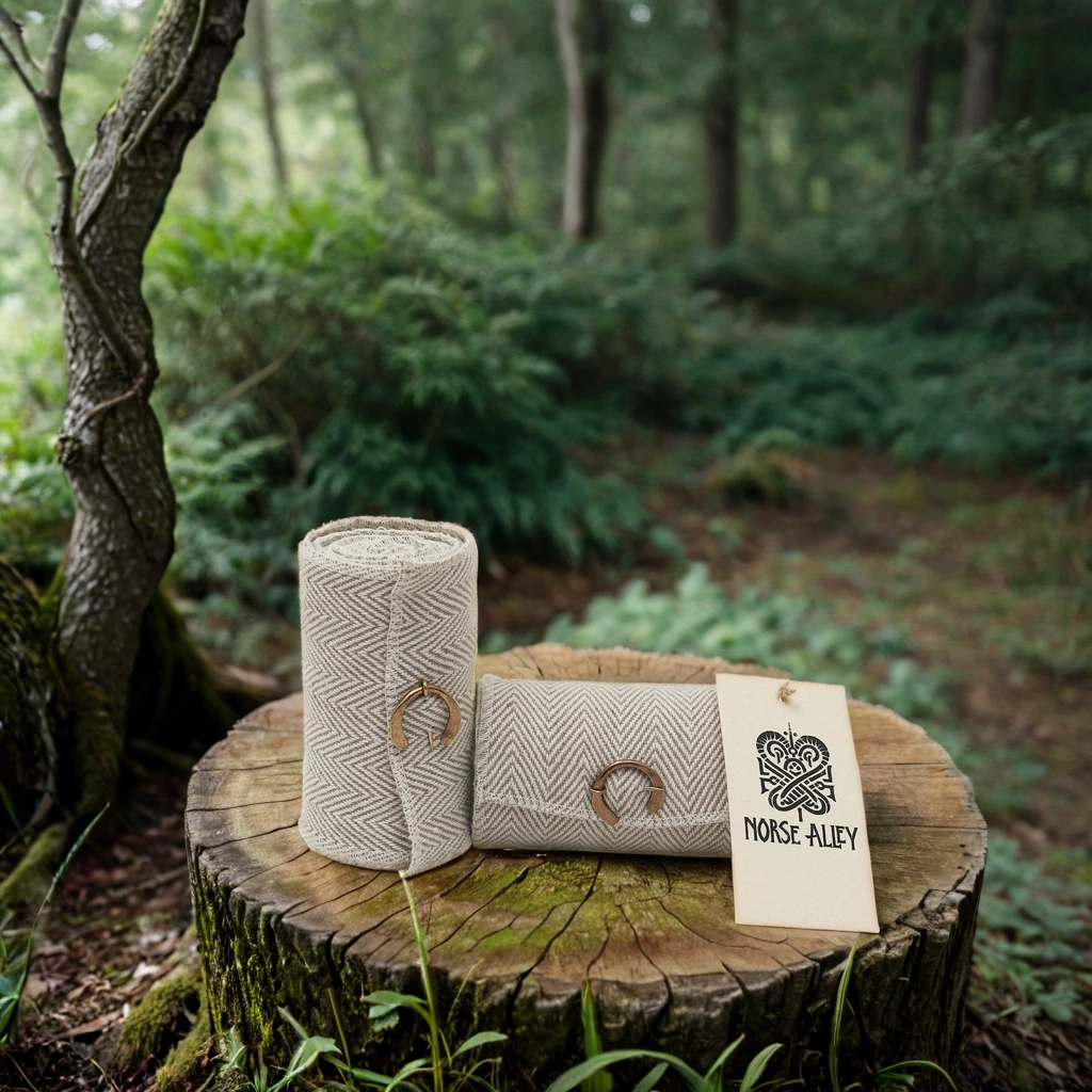 Two beige Herringbone Viking Leg Wraps (Winingas) with a subtle chevron pattern and Noise Alley tag rest on a tree stump in a lush forest, featuring a circular emblem for medieval authenticity.