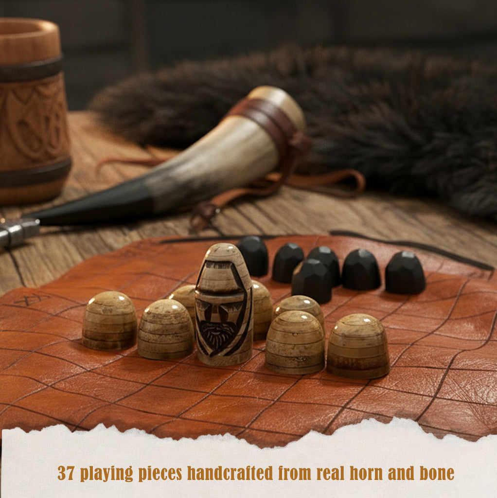 The Handcrafted Viking Hnefatafl Set is shown on a leather board with 37 playing pieces made from real horn and bone. A foldable leather pouch, horn, and fur are in the background. Text reads: 37 handcrafted horn and bone pieces.