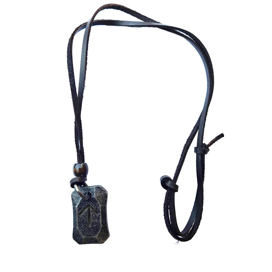 The Viking Rune Pendant Tiwaz is a black pendant with an engraved arrow symbol, hanging from an adjustable leather cord with two knots and a bead above the pendant, displayed on a white background.