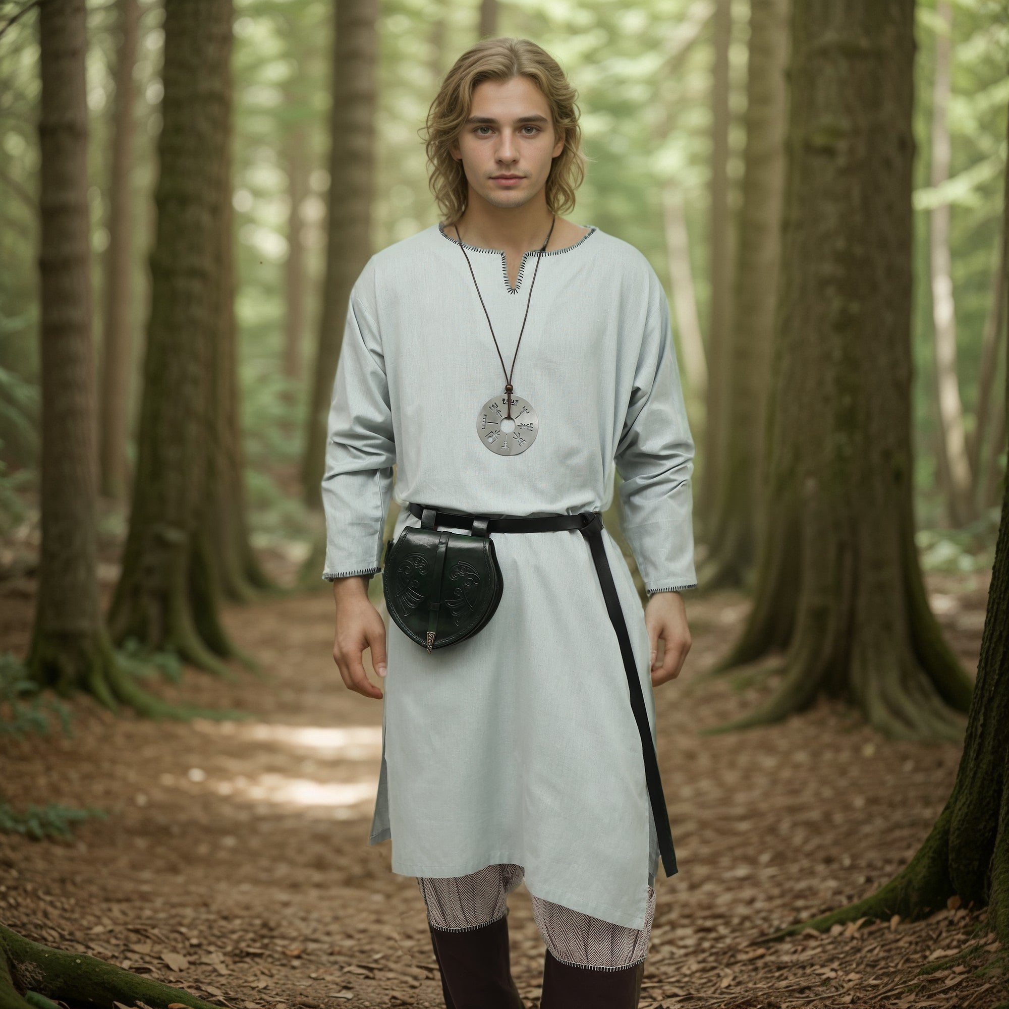 A young person with long blonde hair stands in a forest, wearing the Men's Viking Thorndale Tunic and dark leggings. A round pendant necklace, belt with a pouch, and tall trees evoke a medieval cosplay or reenactment scene.