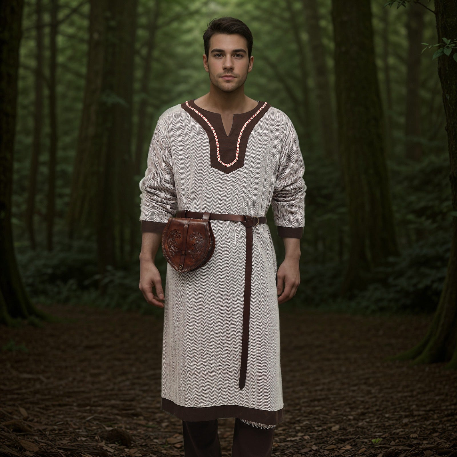 Wearing the Nordic Runeweave Viking Tunic for men, complete with a leather belt and pouch, a man stands facing the camera in a dense green forest surrounded by tall trees and lush foliage.