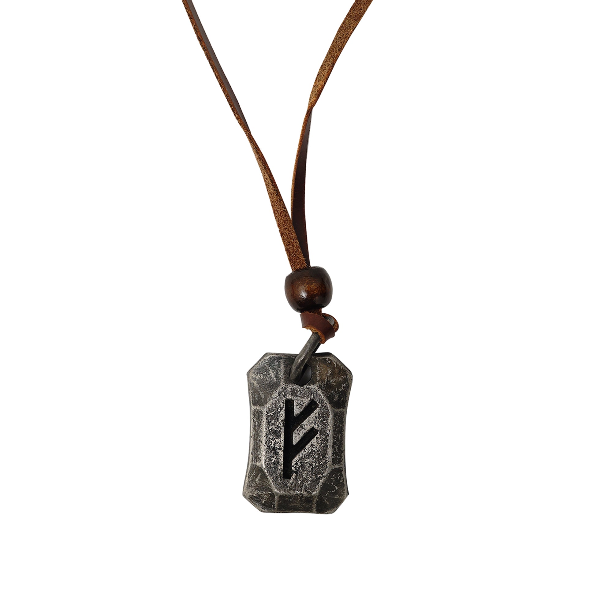 The Viking Rune Pendant Fehu features a black rune symbol on a weathered, irregular rectangular pendant hanging from a brown leather cord with a wooden bead, inspired by Norse mythology.