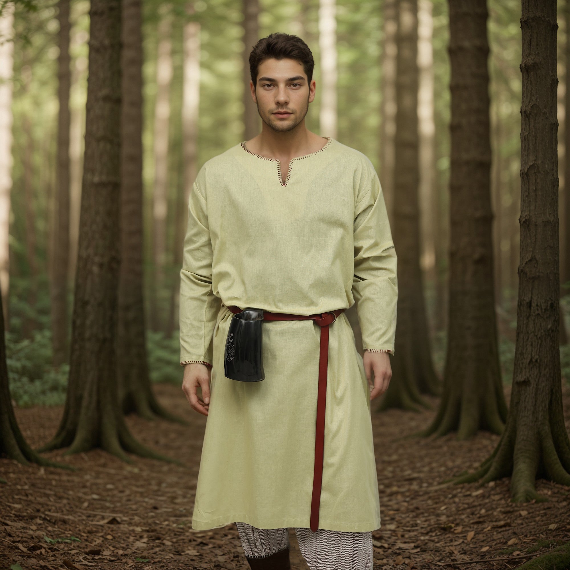 A man wearing the Viking Thorndale Tunic - Men's with a red belt and dark pouch stands among tall forest trees, gazing at the camera—an ideal outfit for medieval cosplay or historical reenactment.