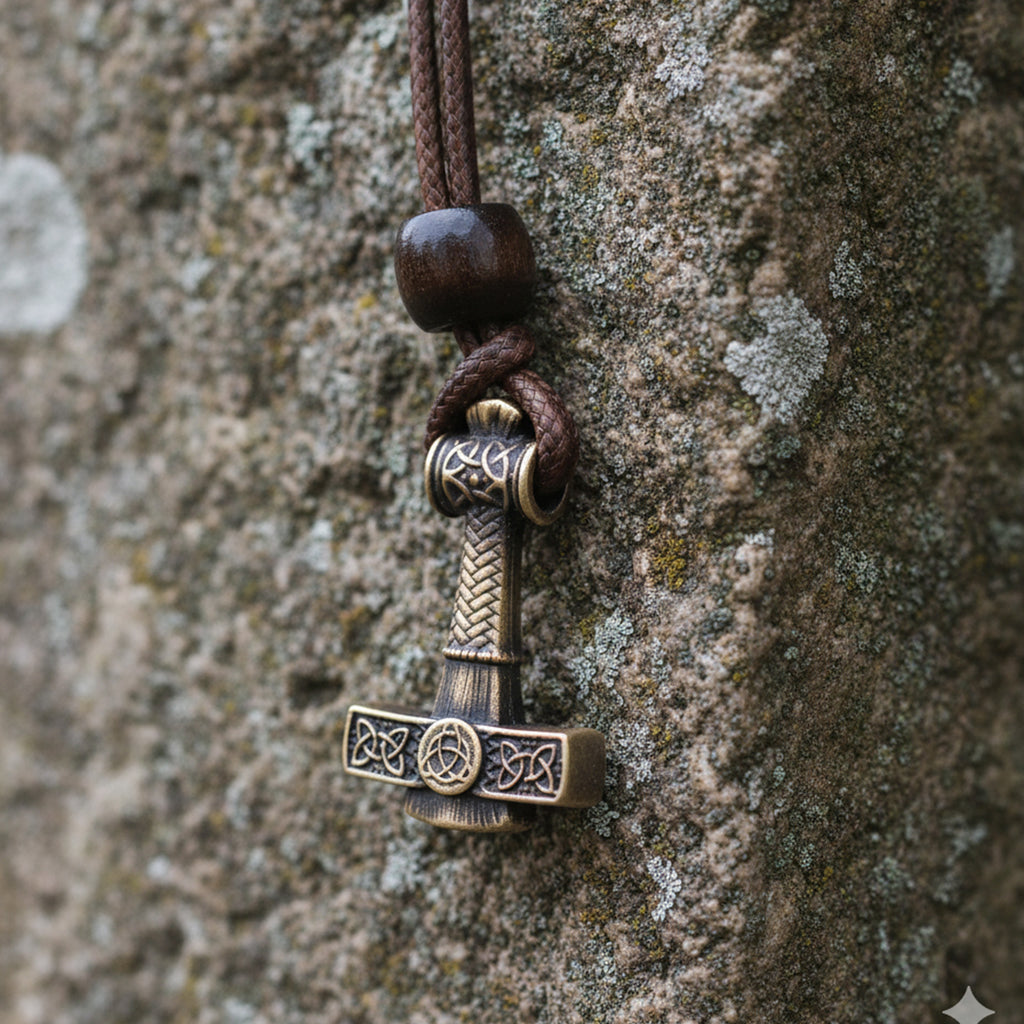 The Norse Alley Thor’s Hammer Pendant features detailed Norse designs and hangs on a braided leather cord, displayed against a rugged, lichen-covered stone—a bold tribute to Norse mythology.