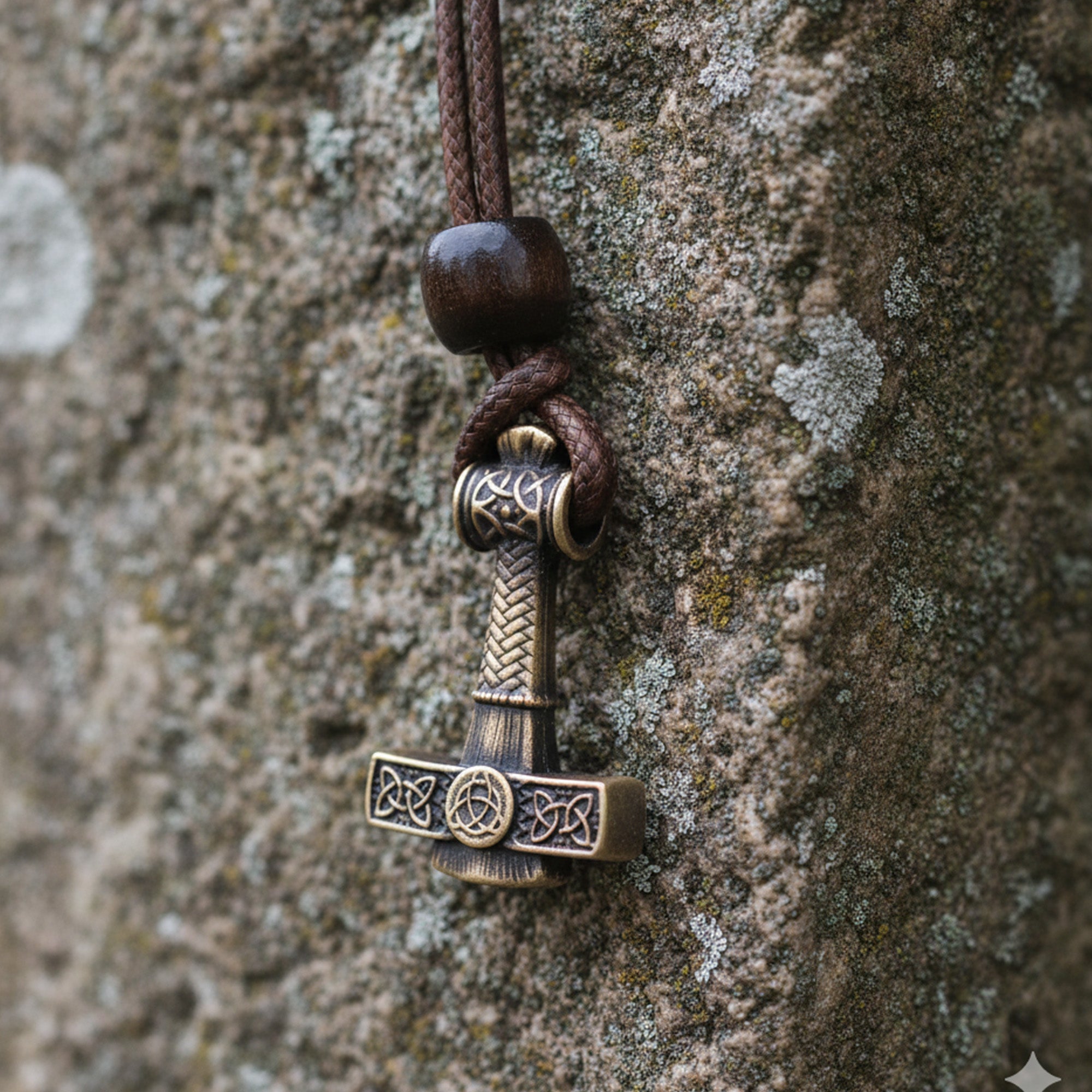 The Norse Alley Thor’s Hammer Pendant features detailed Norse designs and hangs on a braided leather cord, displayed against a rugged, lichen-covered stone—a bold tribute to Norse mythology.