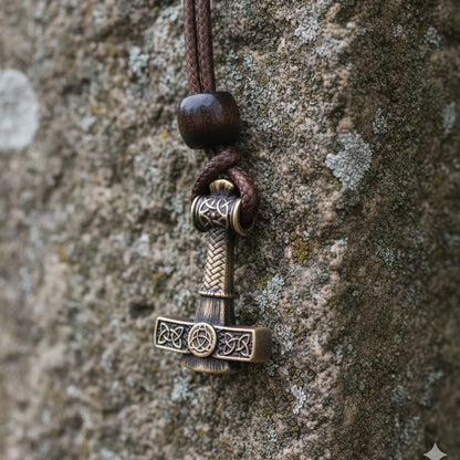 Norse Alley Thor’s Hammer Pendant – Brass Necklace with Adjustable Leather Cord – Viking Jewellery of Strength & Protection