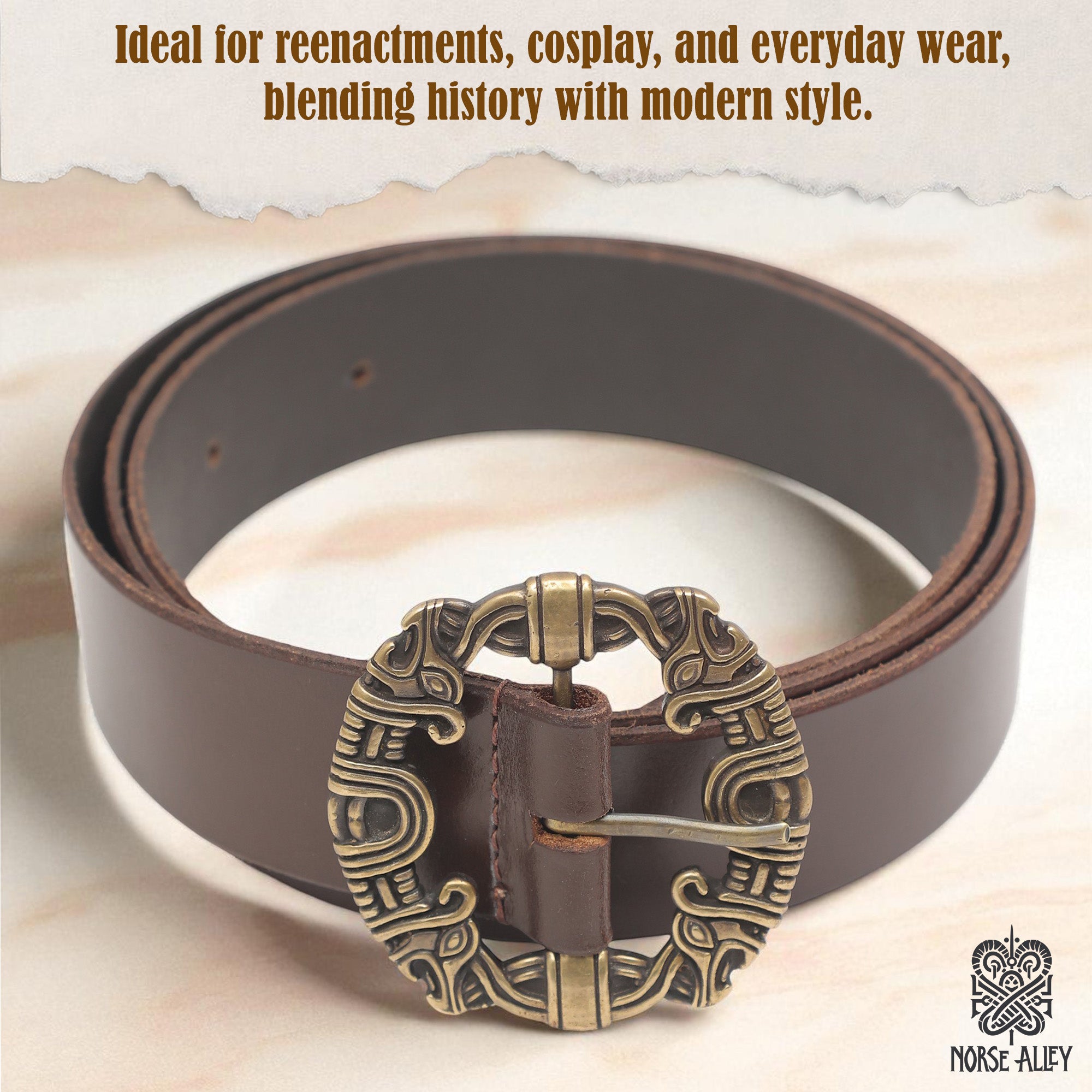 The Norse Alley The Drakkar Belt is a brown Viking leather belt with an ornate antique-style brass buckle detailed with Norse designs—ideal for reenactments, cosplay, or everyday wear, blending history and modern style.