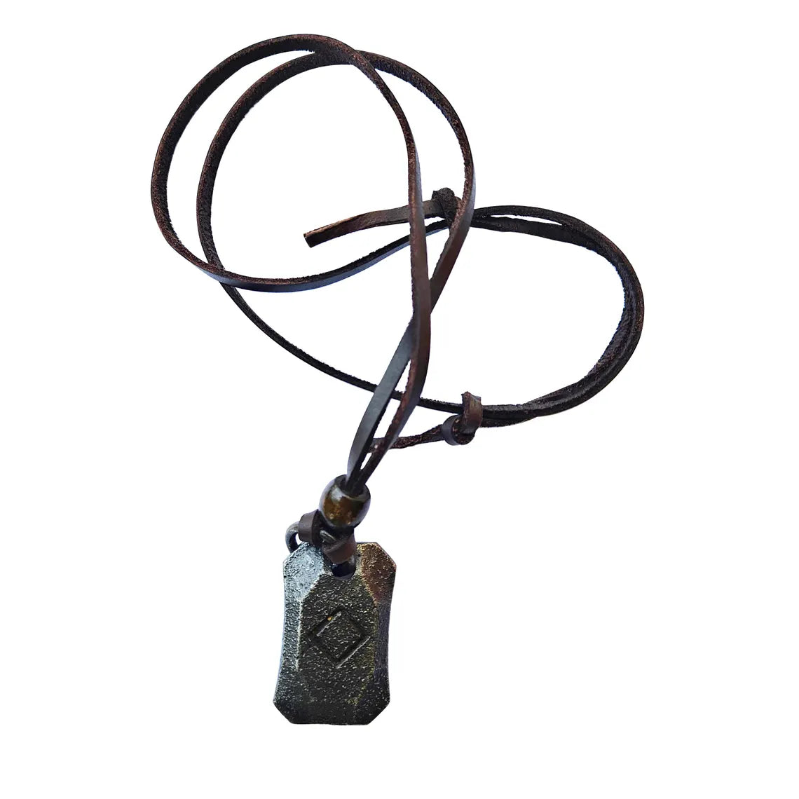 The Viking Rune Pendant Ingwaz is a black stone pendant with an engraved design, hanging from a dark brown leather cord that's loosely coiled against a white background.