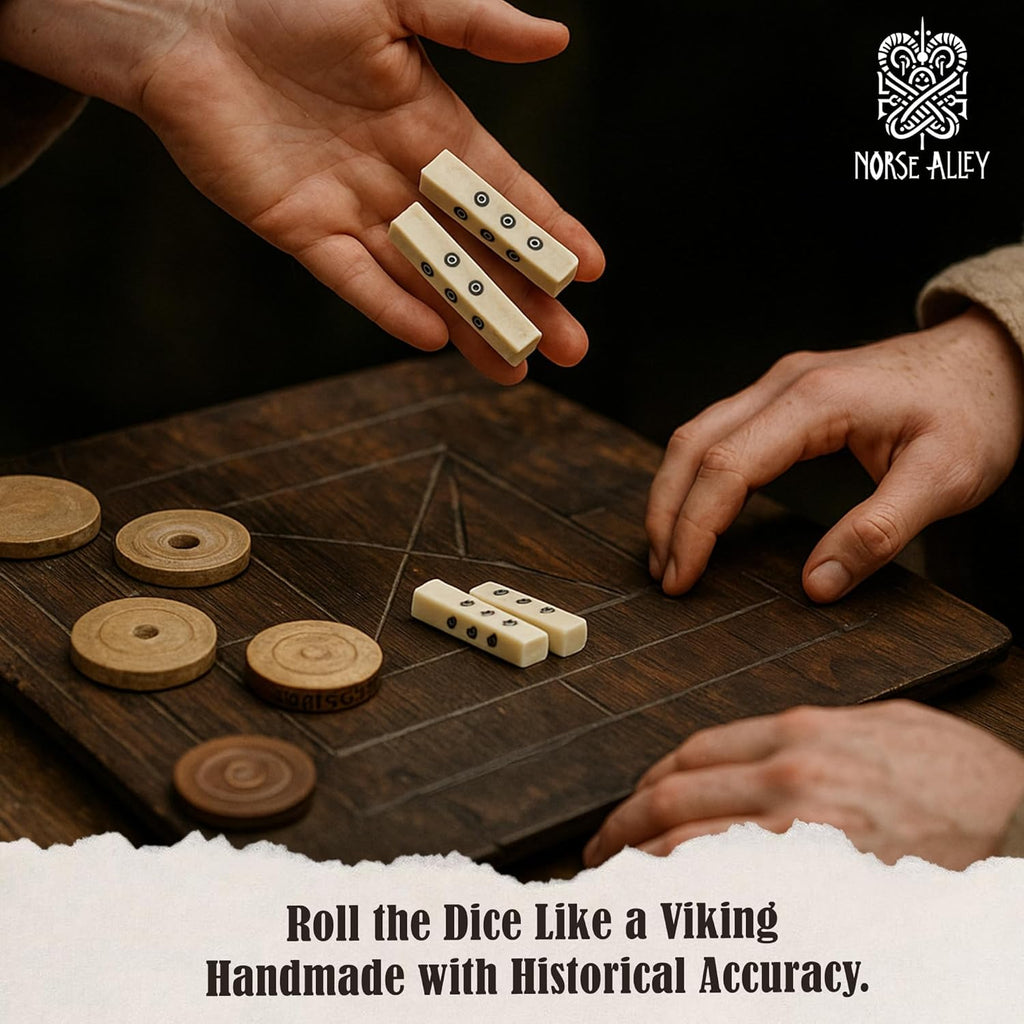 Two people play a Viking board game using the Viking Bone Dice Set of 5 and wooden pieces on a wooden board. Text: Roll the Dice Like a Viking—Handmade with Historical Accuracy. Norse Alley logo is in the top right.