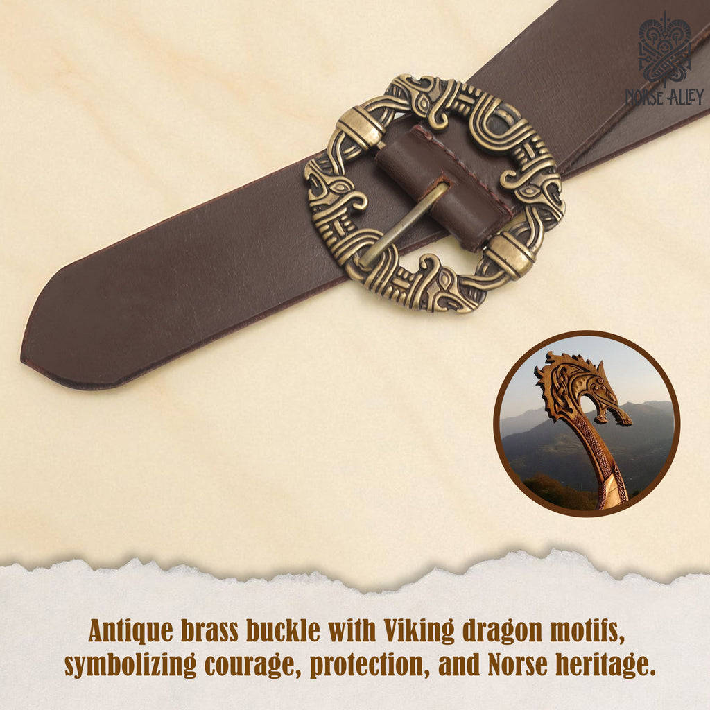 Norse Alley The Drakkar Belt features an antique brass buckle with intricate Viking dragon motifs on a brown leather strap. An inset displays a dragon-headed ship prow, symbolizing courage, protection, and Norse heritage.