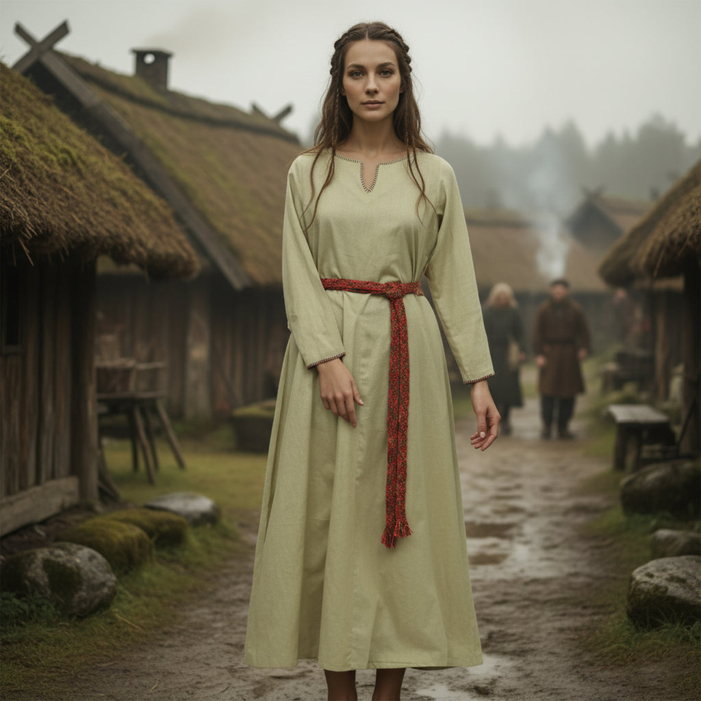 A woman wearing the Viking Thorndale Dress – Ladies, a long light-colored gown with a red belt, stands on a dirt path in a rustic village of thatched-roof houses with misty surroundings and others in the background.