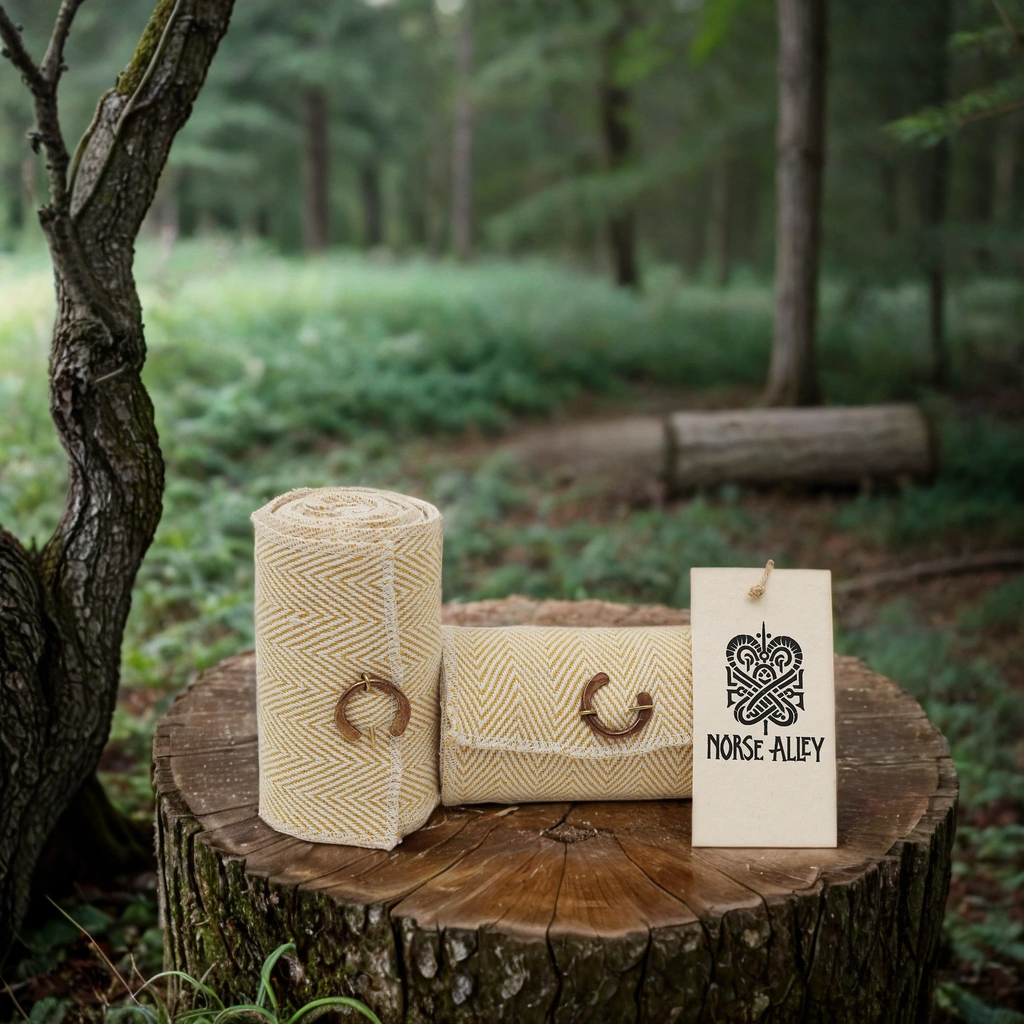 Two woven straw items and a Norse Alley tag are displayed on a tree stump in a forest clearing. One is the Herringbone Viking Leg Wraps (Winingas) mat; the other, a rectangular box with small handles.