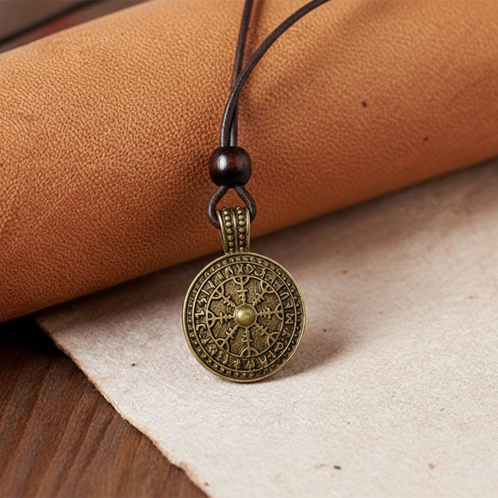 The Traveler’s Compass Pendant Necklace features a round antique bronze Viking design on a dark leather cord with a wooden bead, displayed on light fabric beside rolled tan leather—a striking piece of Norse jewelry.