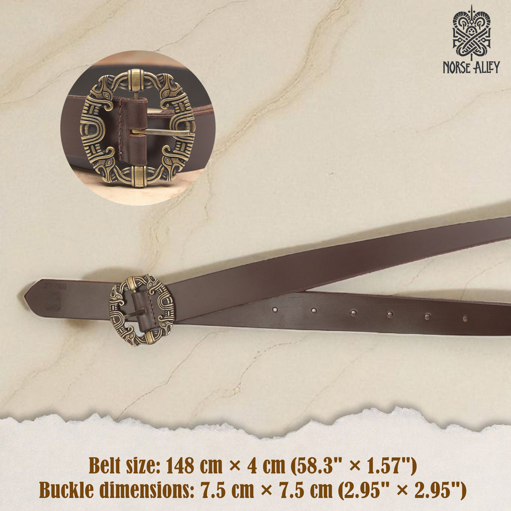 The Norse Alley The Drakkar Belt is a brown Viking leather belt (148×4 cm) featuring a large, round, ornate 7.5 cm metal buckle with intricate Norse designs and the Norse Alley logo in the corner.