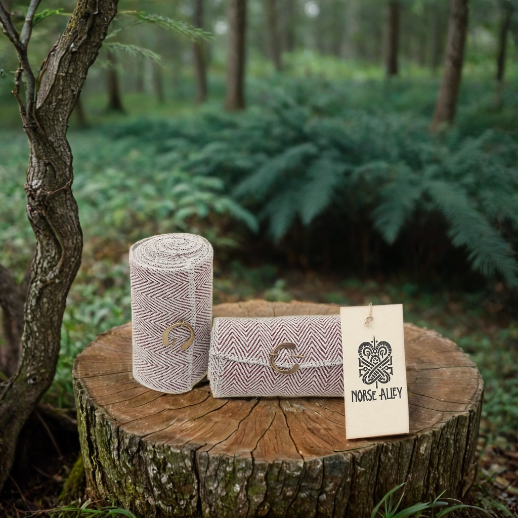 A roll of Herringbone Viking Leg Wraps (Winingas), a matching folded pouch, and a Norse Alley tag rest on a tree stump in a lush forest, surrounded by ferns and trees.