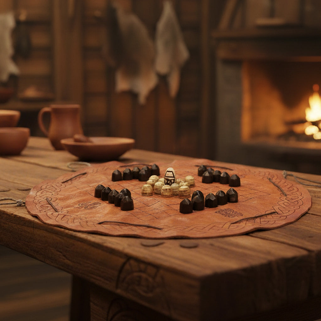 A wooden table displays the Handcrafted Viking Hnefatafl Set, featuring circular play with hand-carved bone and horn pieces. Clay cups and bowls sit nearby, while a fireplace glows in the rustic wooden room.
