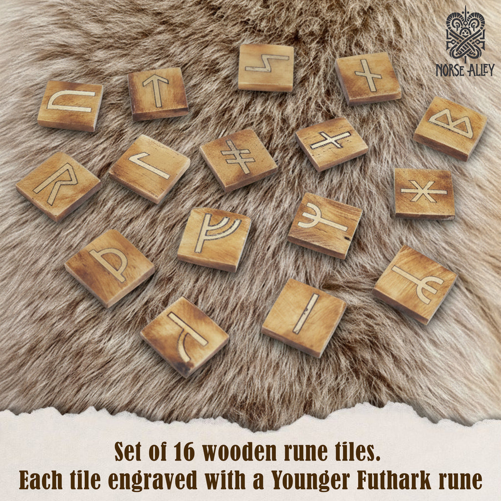 The Younger Futhark Rune Set – 16 Handcrafted Tiles features square wooden tiles engraved with Viking runes. Inspired by Norse mythology, this set is ideal for collectors and enthusiasts seeking authenticity.