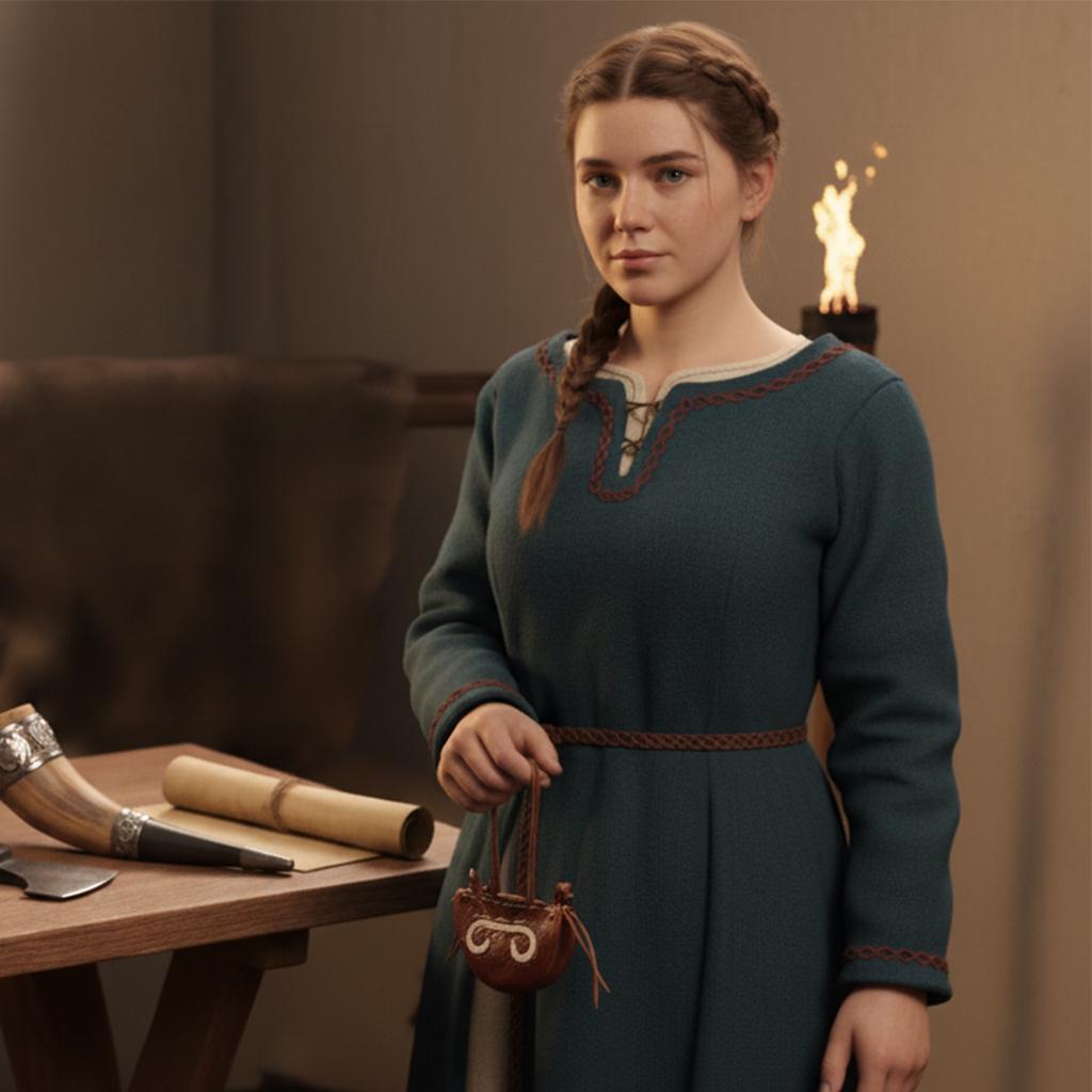 A woman in a blue medieval dress stands indoors, holding the Gokstad Wallet Viking Coin Pouch. On a wooden table behind her are a horn, scrolls, and papers, with a small flame flickering in the background.