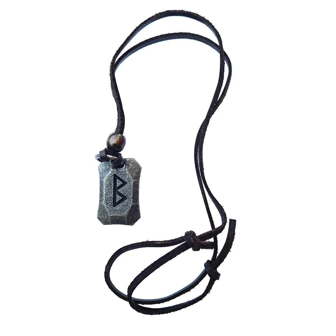 The Viking Rune Pendant Berkano features a rectangular gray stone with a black geometric symbol on a black adjustable cord necklace, adorned with knots and a small bead near the pendant, displayed on a white background.