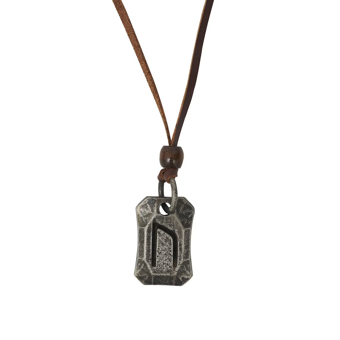 The Viking Rune Pendant Uruz features a metallic rectangular tag engraved with the Uruz rune, hanging from a brown leather cord with a wooden bead—symbolizing strength and resilience.