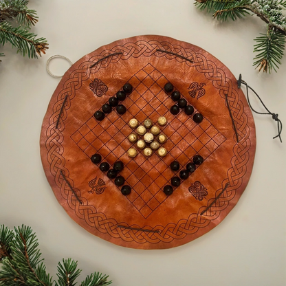 Handcrafted Viking Hnefatafl Set – Bone & Horn Game Pieces, Leather Board