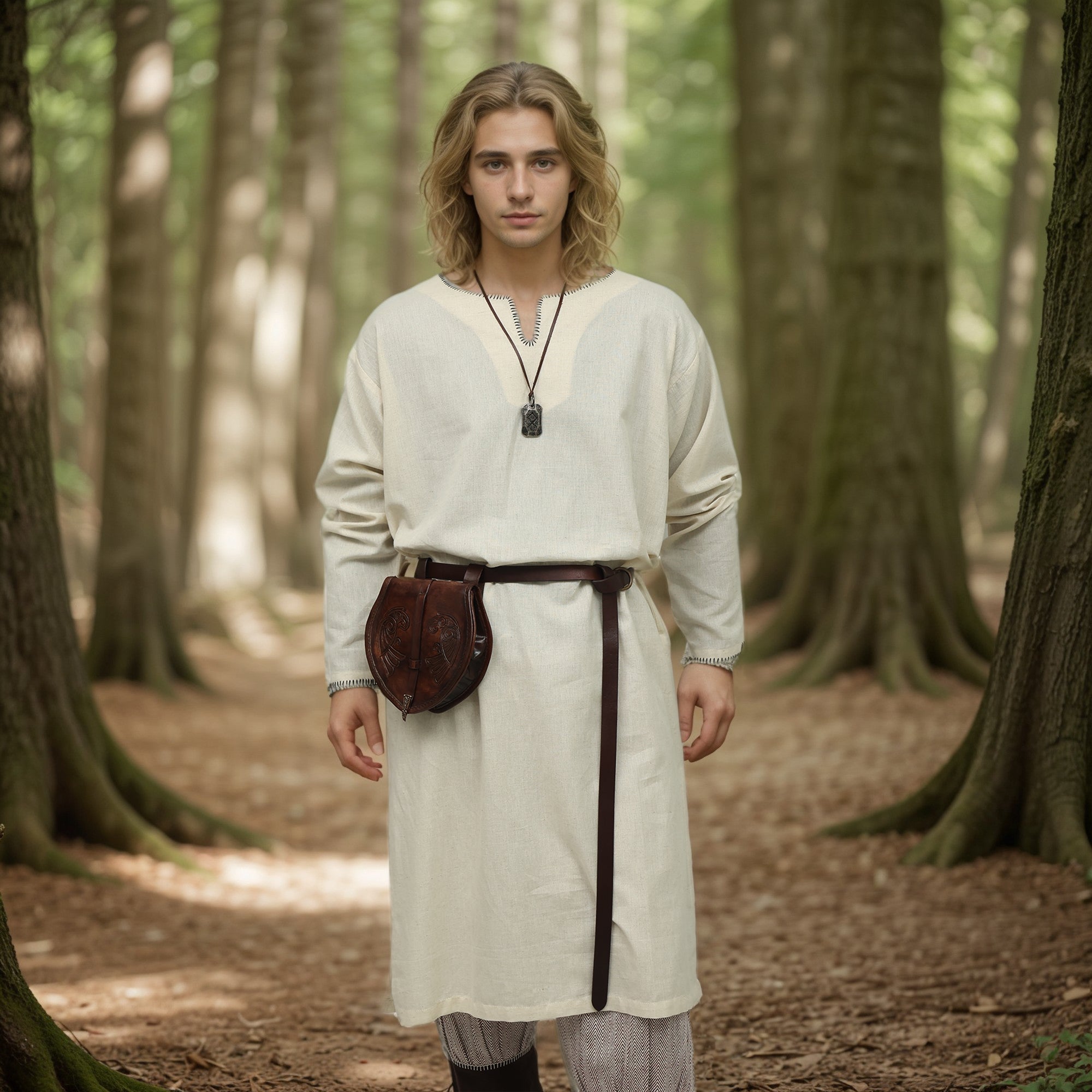 A young person in the Viking Thorndale Tunic–Men’s, with long blond hair and a belt and pouch, stands on a sunlit forest path among tall trees, embodying the feel of historical reenactment.