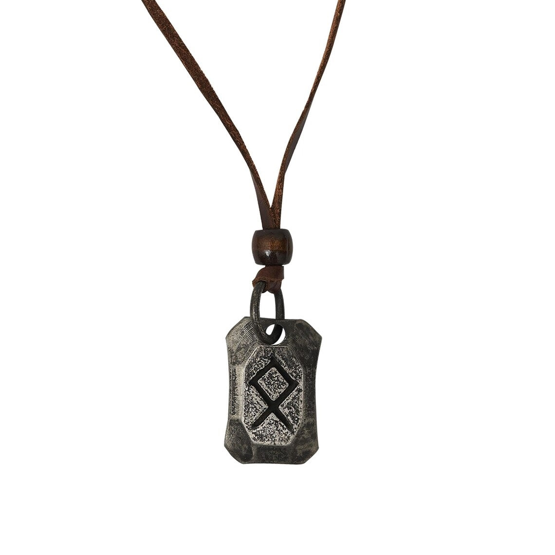 The Viking Rune Pendant Othila is a rectangular, weathered metal necklace with an Othila rune symbol, hanging from a brown leather cord and accented by a small wooden bead—a tribute to Norse mythology.