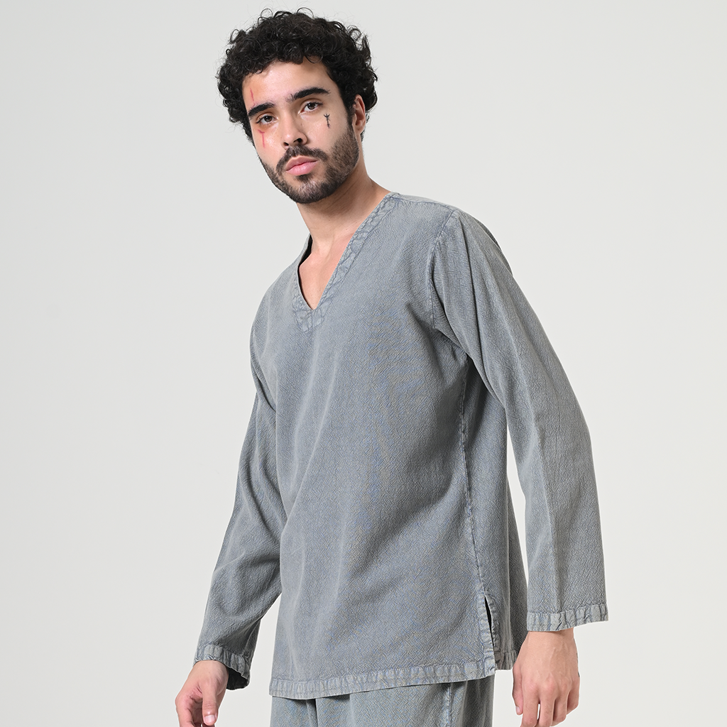 Grey medieval V-neck cotton tunic – view 4