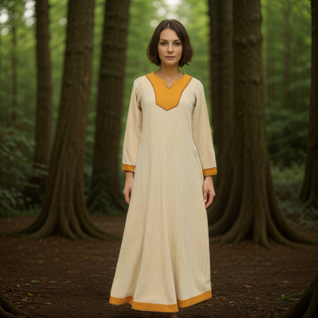 A woman wearing the Nordic Runeweave Viking Dress- Ladies, a long cream gown with orange trim and delicate hand embroidery inspired by Norse craftsmanship, stands in a lush green forest among tall trees.