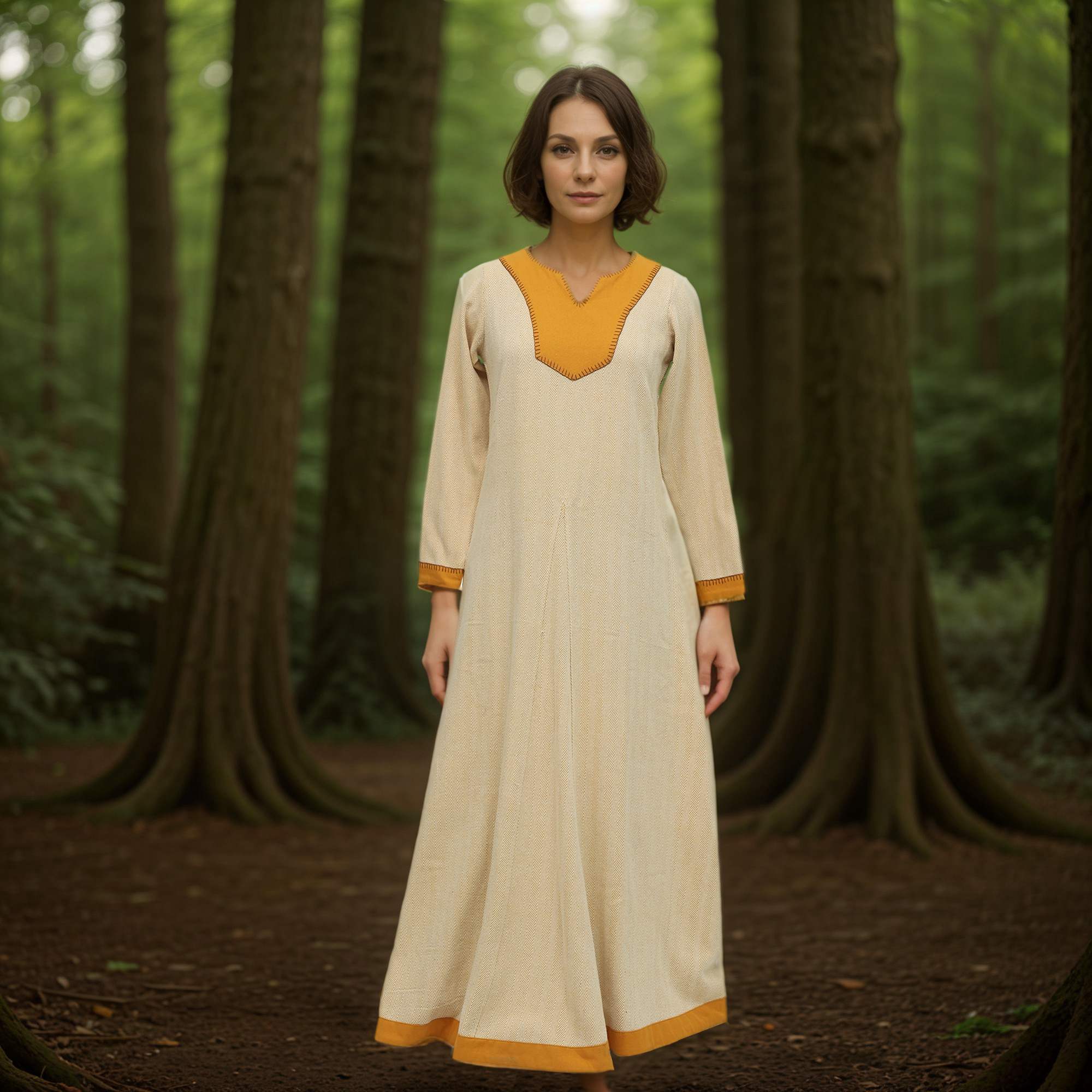 A woman wearing the Nordic Runeweave Viking Dress- Ladies, a long cream gown with orange trim and delicate hand embroidery inspired by Norse craftsmanship, stands in a lush green forest among tall trees.