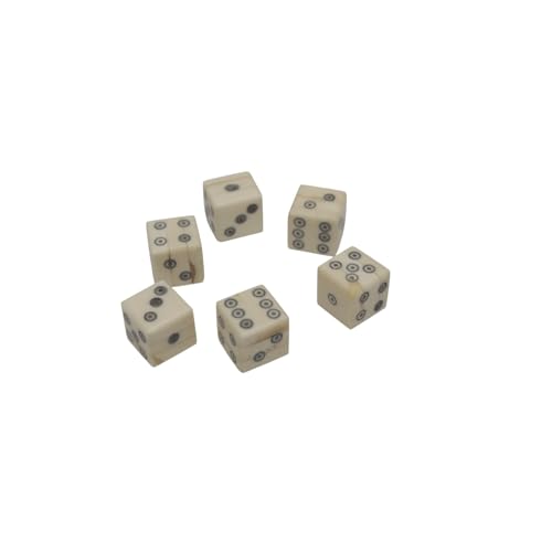 A set of six Viking style, ivory-colored handcrafted bone dice with black dots from Bone Dice – Set of 6 are shown on a white background, each displaying different numbers on their top faces.