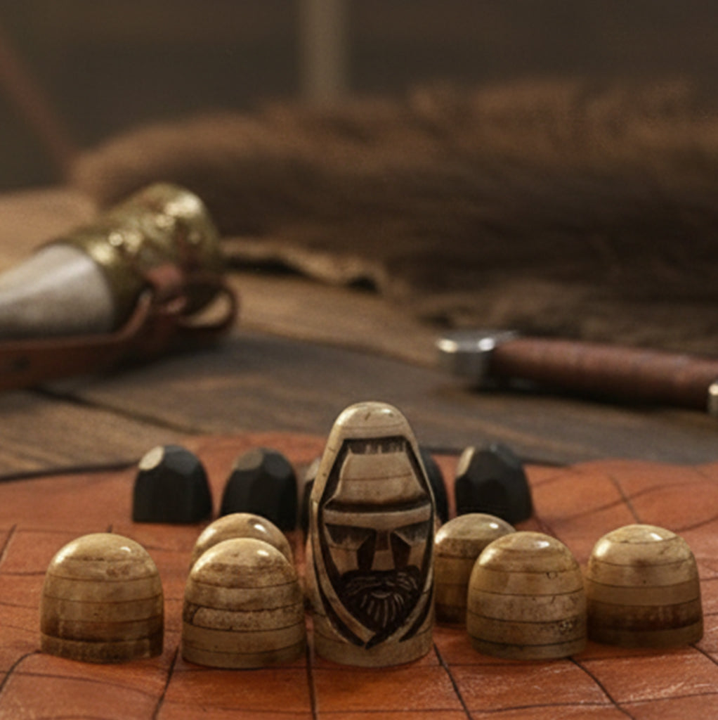 A close-up of the Handcrafted Viking Hnefatafl Set shows wooden pieces, one with a bearded face, on a circular board. Animal fur, a drinking horn, and a foldable leather pouch appear in the background.