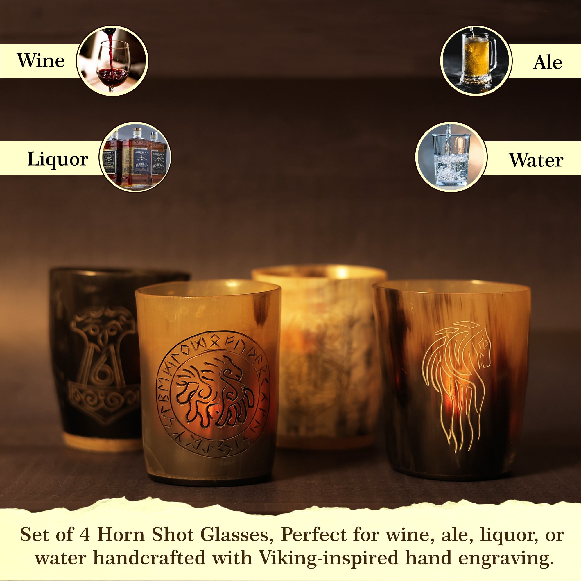 The Norse Alley Viking Drinking Horn Shot Glass set of 4 features Viking-inspired engravings, ideal as shot cups or unique home decor for wine, ale, liquor, or water. Warm lighting accentuates their craftsmanship.