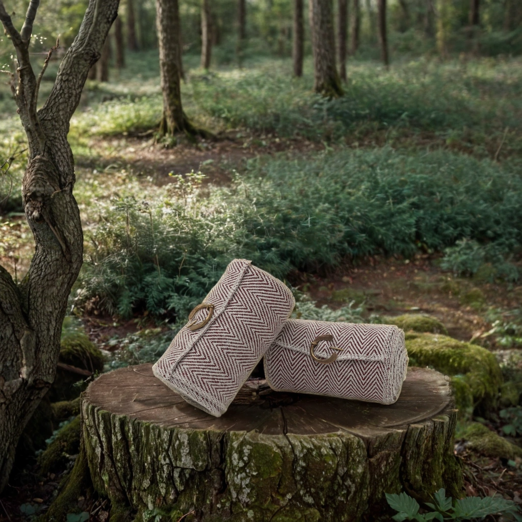 Two woven, cylindrical cushions rest on a tree stump in a sunlit forest, resembling Herringbone Viking Leg Wraps (Winingas), surrounded by greenery and tall trees.