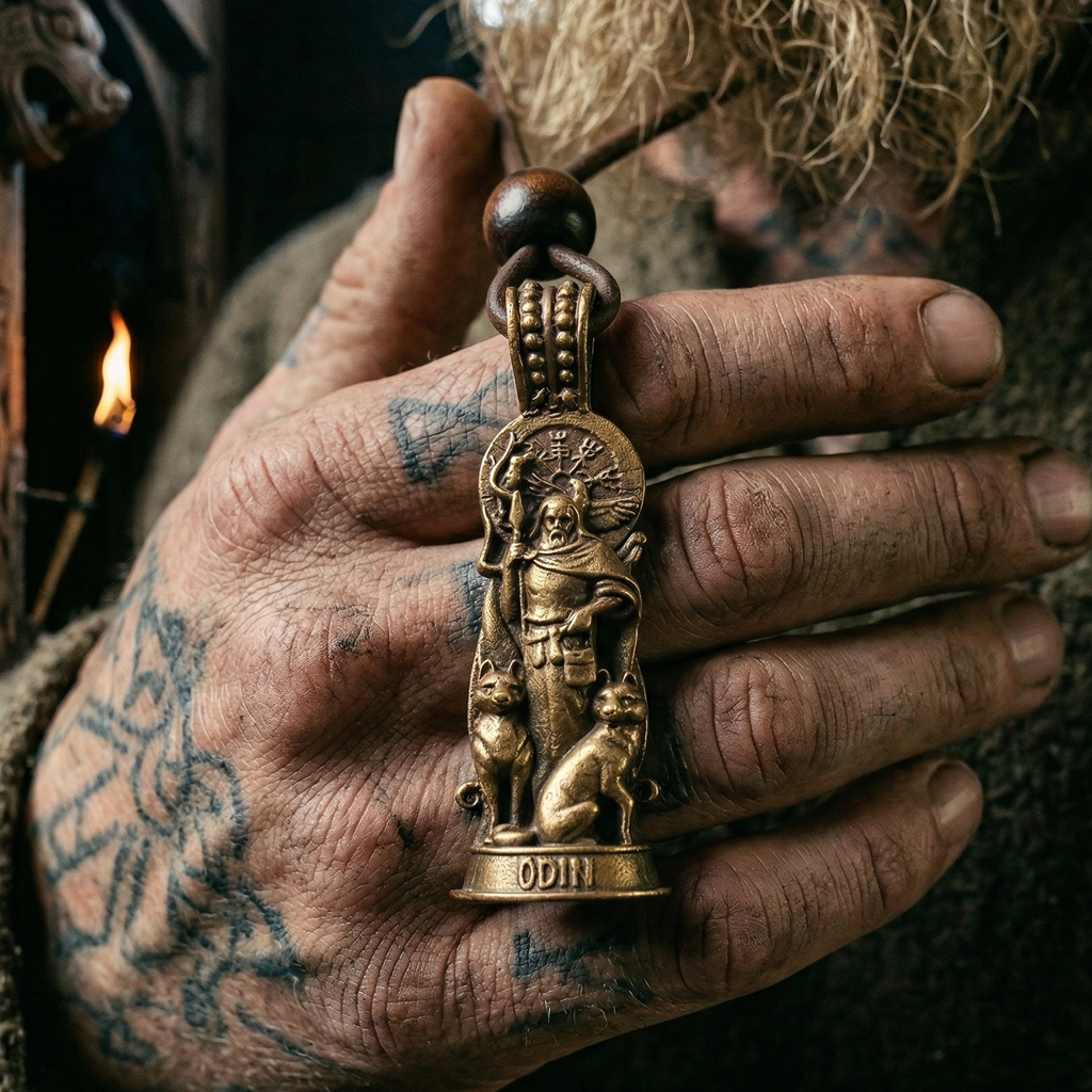 A rugged, tattooed hand holds the Odin Pendant – The Allfather, a brass Norse jewelry piece showing Odin with two wolves, detailed symbols, and "ODIN" at the bottom. A bearded face appears in the dim rustic background.