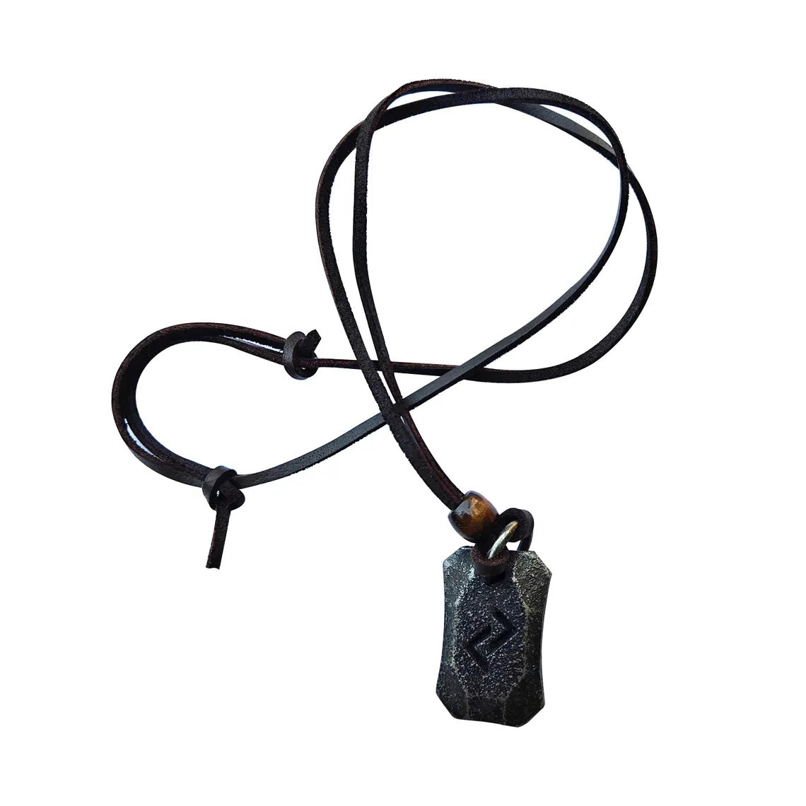 The Viking Rune Pendant Jera features a dark, rectangular stone engraved with the Jera rune from Norse mythology, hanging on a black leather cord and shown against a white background.