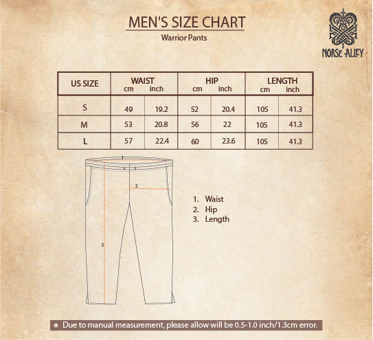 Warrior Pants-Men's size chart with waist, hip, and length in cm/inches for S, M, L. Cotton linen trousers diagram highlights measurements. Norse Alley logo top right. Perfect for Norse reenactment.