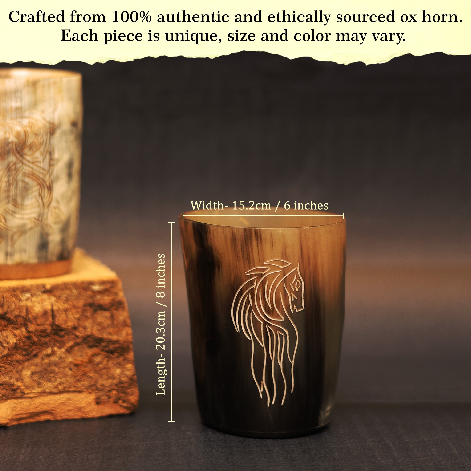 The Norse Alley Viking Drinking Horn Shot Glass, shown on a table, features a horse design and is crafted from ethically sourced horn. Ideal for home decor or as a distinctive drinking cup, it measures 20.3 cm tall by 15.2 cm wide.