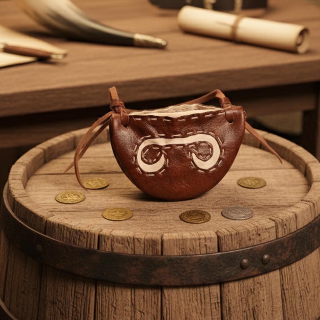 The Gokstad Wallet Viking Coin Pouch, featuring brown leather and white stitching, sits on a wooden barrel with gold and silver coins scattered around and a desk with scrolls and a horn in the background.