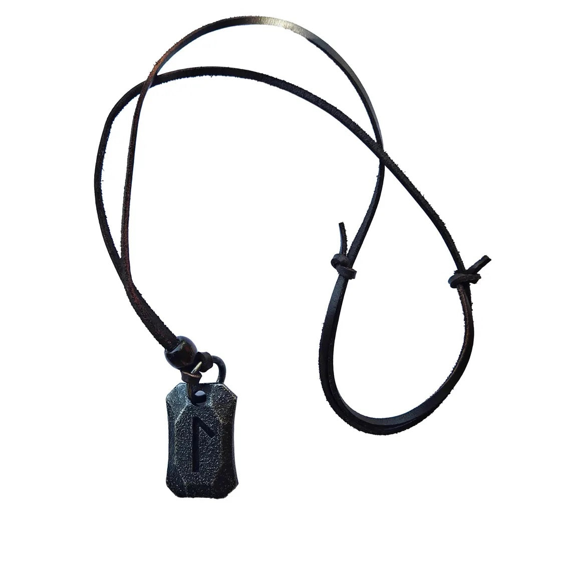 The Viking Rune Pendant Laguz is a black leather cord necklace with an adjustable knot and a black rectangular pendant engraved with a Norse rune design inspired by Viking symbols.